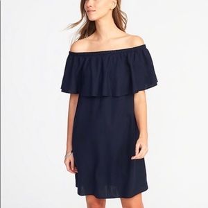 Navy Ruffle Off Shoulder Linen Dress